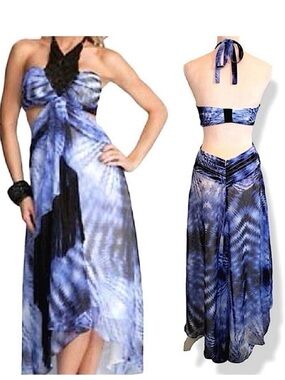 Bebe Bohemian Luxe Tie Dye Fringe Crochet Cut Out High Low Dress Blue Black Boho